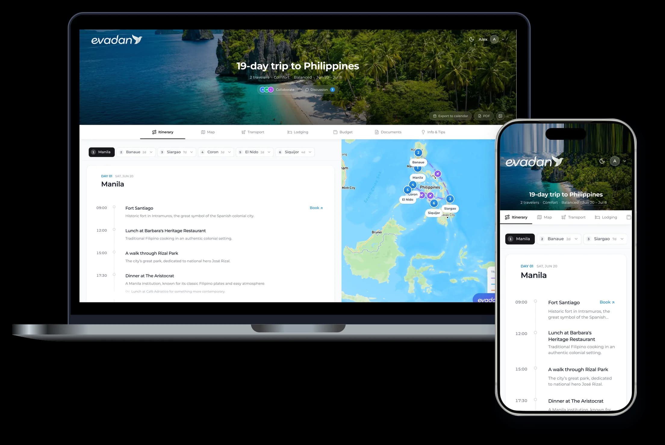 Le planificateur Evadan sur ordinateur et sur mobile : le même programme jour par jour et la carte du voyage